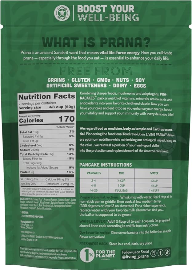 PranaCakes Superfood Organic Pancake & Waffle Mix Gluten Free | Energy, Vitality & Mood Balancing | Plant-based Protein | Just-Add-Water | By LIVING PRANA | 12oz