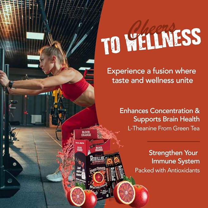 Rebellious Blood Orange Organic Drink Mix ??Organic Zero Calorie Energy Drink Mix | Monk Fruit & Green Tea Extract | L-Theanine + Natural Caffeine | 100% Plant-Based | Pack of 10 | Keto,Gluten-Free