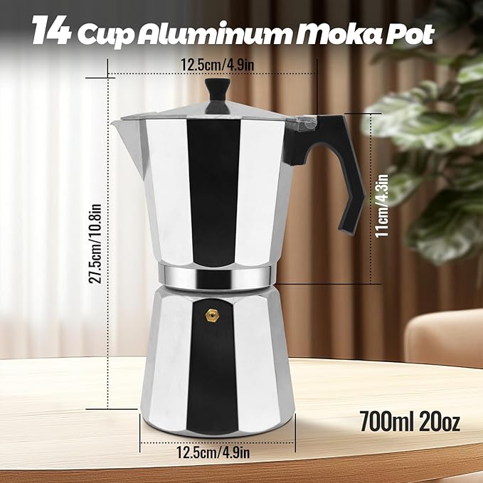 14 Cup Aluminum Moka Pot Classic Stovetop Espresso Coffee Maker 700ml 23oz Coffeemaker Percolator Mocha Pot Greca Coffee Maker Cafe Makers for Italian and Cuban Cafì±?Brewing Silver