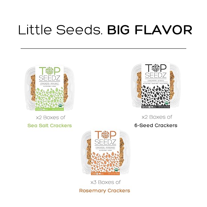 Top Seedz Certified Organic Gluten Free Sea Salt, Rosemary, & 6 Seed Crackers | 6-Pack | 5 Ounces | Healthy Vegan Crackers with Plant Based Protein | Made of Sunflower, Flax, Sesame and Pumpkin Seed