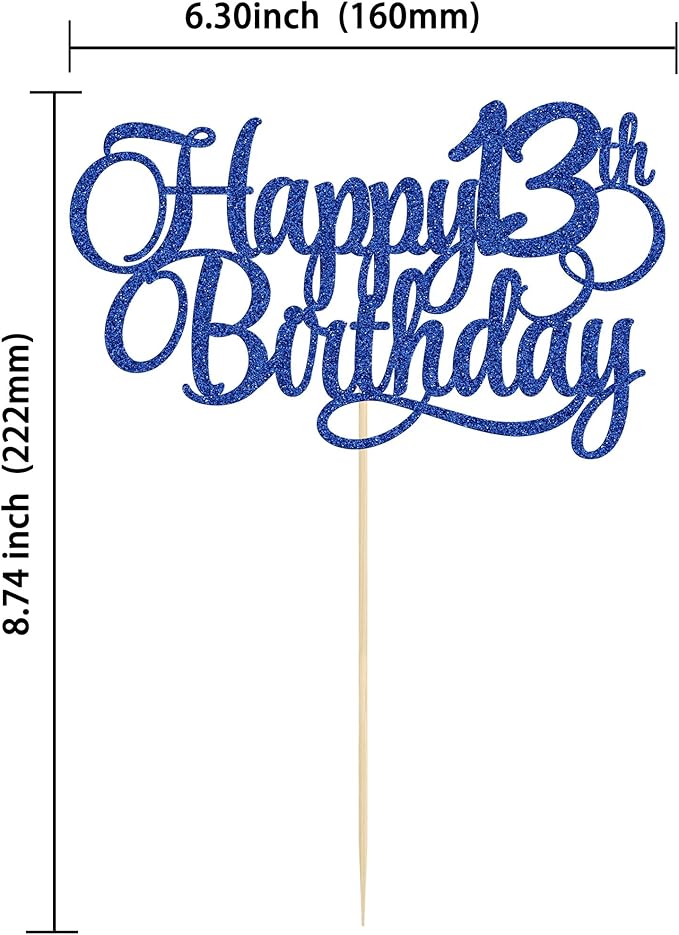 1 Pack Happy 13th Birthday Cake Topper Glitter Number 13 Thirteen Years Old Birthday Cake Pick Decoration for 13th Birthday Celebrating Anniversary Party Supplies Blue