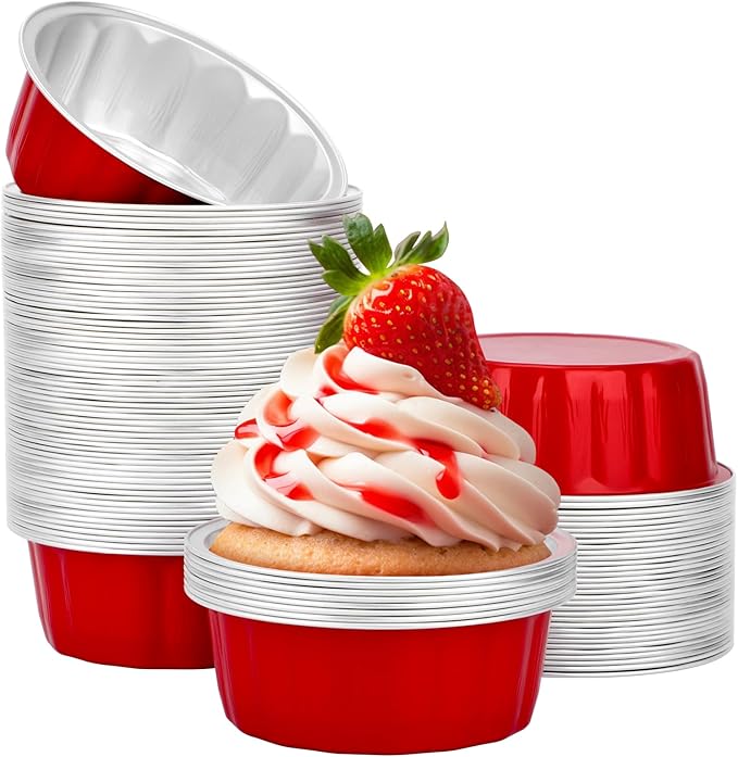 Beasea Disposable Aluminum Foil Cups 100 Pack, 8 oz 235ml 3.9" Bake Ramekin Cup Muffin Cupcake Baking Cup Mini Pudding Cups for Party Wedding Birthday - Red