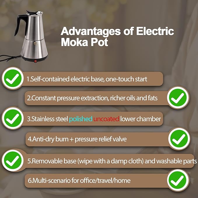 Stainless Steel Electric Moka Pot 6 Cup 300ml Express Coffee Maker Stovetop Espresso Portable Coffeemaker Italian Classic Brewing Greca Cafe Mocha with Removable Base and Overheating Protection 10oz