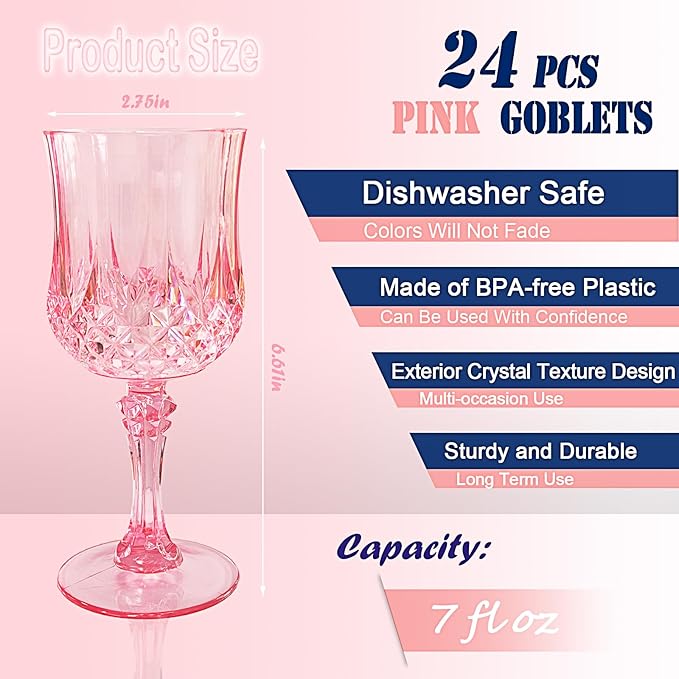 24 PCS Pink Plastic Wine Glasses,Reusable Plastic Wine Glasses,Pink Goblet Glass,Durable and Sturdy Cups Can Be Used for Various Parties Such as Weddings!