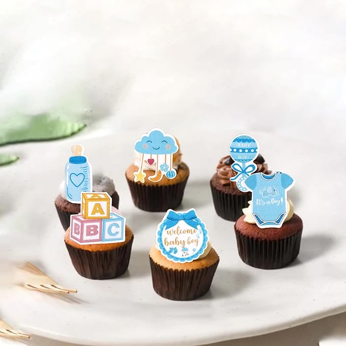 60 PCS Edible Oh Baby Cupcake Toppers Pacifier Cloud Moon Star Welcome Baby Boy Cupcake Picks Edible Baby Shower It's a Boy Cake Decorations for Baby Shower Boys Birthday Party Supplies Blue