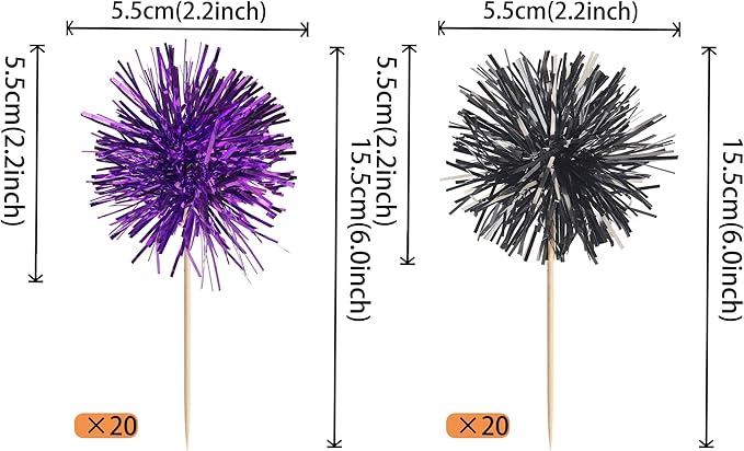 40 PCS Foil Firework Cupcake Toppers Sparkle Tinsel Cupcake Picks Fireworks Birthday Party Decorations Cocktail Fruit Toothpick for Birthday Wedding Graduation Party Decorations Supplies Black Purple