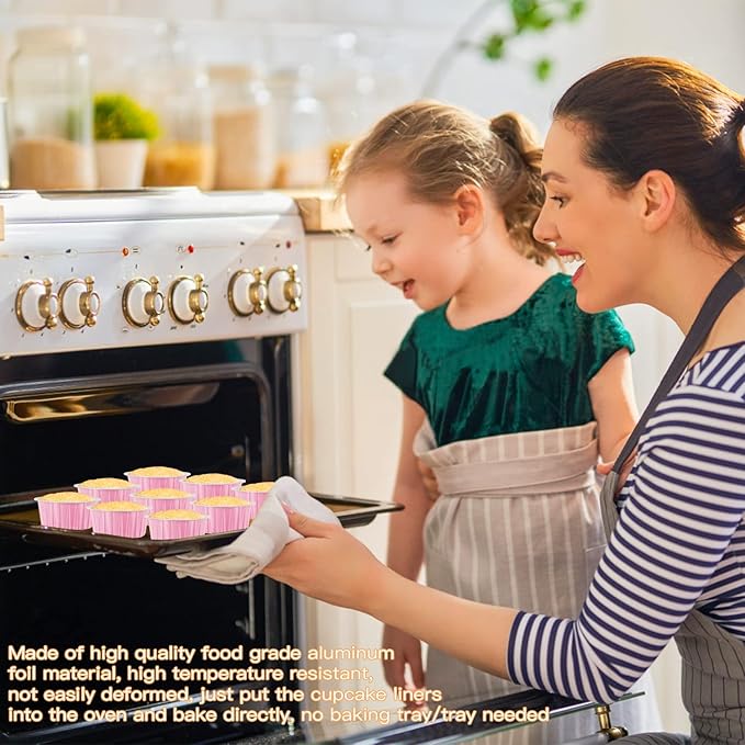 Lainrrew 50 Pack Pink Aluminum Foil Baking Cups with Lids, Disposable, Round, Perfect for Birthday, Wedding, Christmas & Other Occasions