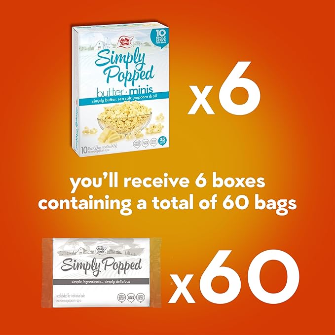 Jolly Time Simply Popped Butter Minis, Lightly Salted Microwave Popcorn, 1.5oz Personal Bag, 10 Bags Per Carton (1.5 Ounce (Pack of 60))