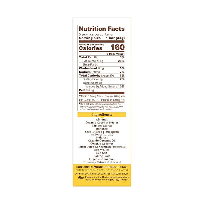 Simple Mills Almond Flour Snack Bars, Nutty Banana Bread - Gluten Free, Made with Organic Coconut Oil, Breakfast Bars, Healthy Snacks, Paleo Friendly, 6 Ounce (Pack of 6)