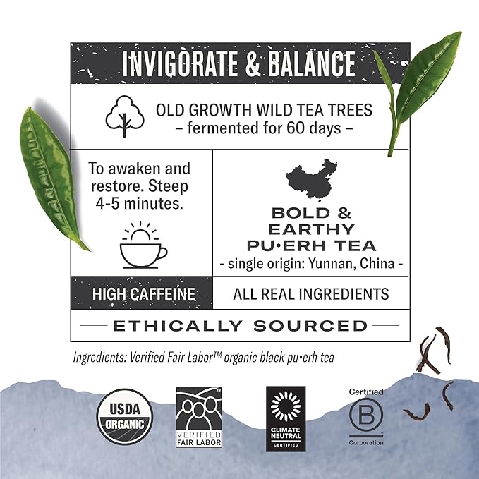 Numi Organic Emperor's Pu-erh Tea, 16 Tea Bags, Aged Fermented Yunnan Black Tea, Caffeinated (Packaging May Vary)
