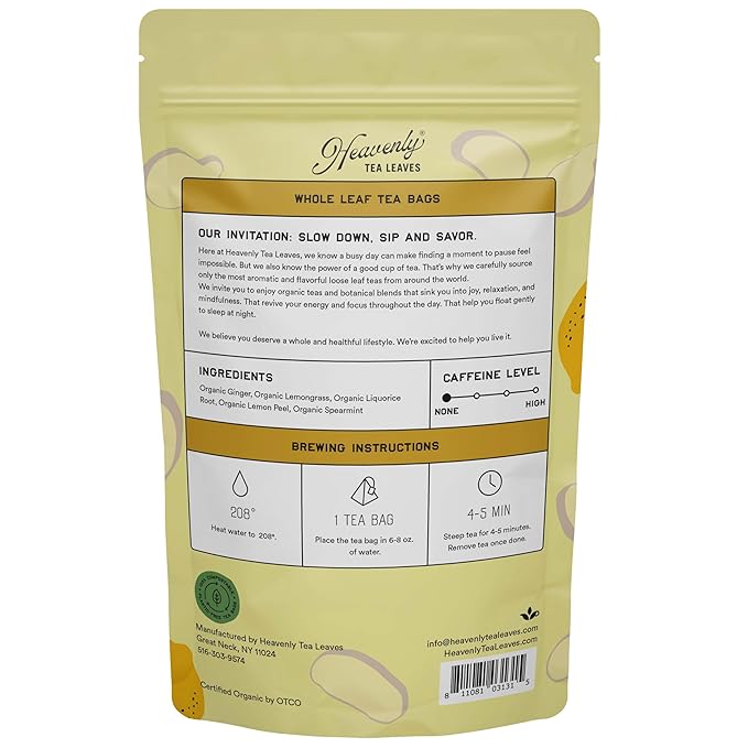 Heavenly Tea Leaves Organic Lemon Ginger (50 Pyramid Tea Bags), 100% Plastic Free, Bulk Compostable Herbal Tea Sachet - Premium Quality, Whole Tea Leaves in a Convenient Tea Bag