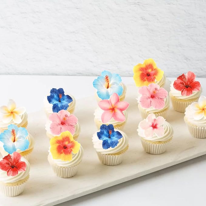 56 PCS Edible Flowers Cupcake Toppers Wafer Paper Flower Birthday Party Decorations Edible Hibiscus Wildflower Cupcake Picks for Baby Shower Wedding Birthday Party Cake Food Decorations Supplies