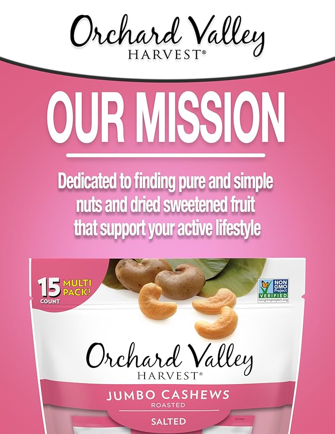 Orchard Valley Harvest Jumbo Cashews, 1 oz Bags (Pack of 15), Whole Roasted Salted Cashews, Gluten Free, No Artificial Colors, Flavors or Preservatives, Non-GMO, Snacks for Adults