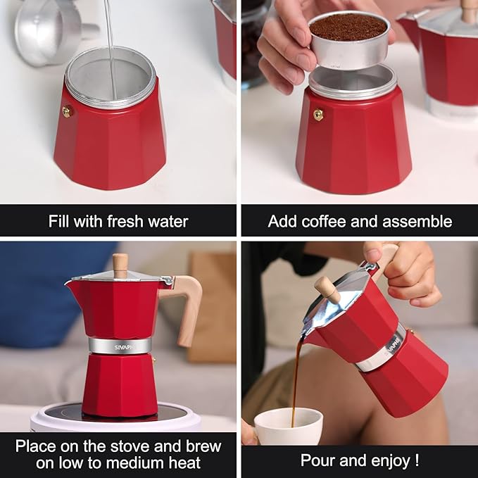 Sivaphe Aluminum Moka Pot 3 Espresso Cups, Percolator Espresso and Coffee Maker, Portable Stovetop Italian and Cuban Cafì±?Brewer for Home and Camping Red
