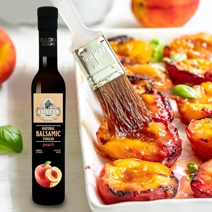 Ellora Farms, Peach fruit Infused Greek Balsamic Vinegar, thick and creamy, no-added sugars, no-preservatives, 8.45 oz. bottle, Pack of 1