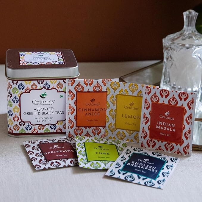 Octavius Tea Variety Pack | 6 Assorted Black & Green Tea Flavors | 25 Teabags | Tea Sampler Pack | Pack of 4 | 100 Teabags | Premium Indian Tea Gift Set