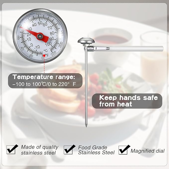 Xuhal 6 Pcs Stainless Steel Kitchen Thermometer with 5 Inch Long Stem 1 Inch Dial Thermometer Milk Frothing Food for Oven Probe Meat Grill BBQ Cooking Chocolate Water(White)