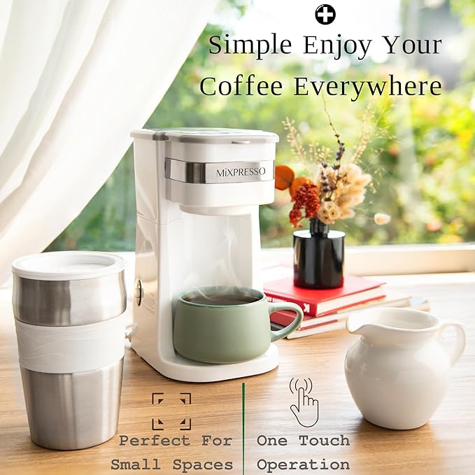 Mixpresso White Personal Single Serve Coffee Maker with 14oz Travel Mug, Drip Small Coffee Maker with Auto Shut Off, Reusable Filter, Works with Ground Coffee Only ??Not for K-Cup Pods