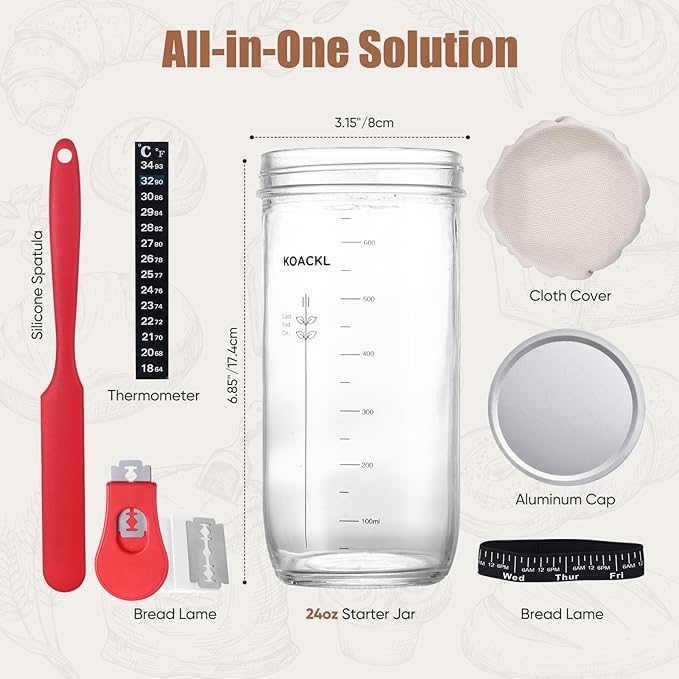 Sourdough Starter Kit, 24oz Sourdough Starter Jar with Magnetic Bread Lame, Thermometer, Long Scraper, Cloth Cover & Lid for Sourdough Bread Baking Supplies