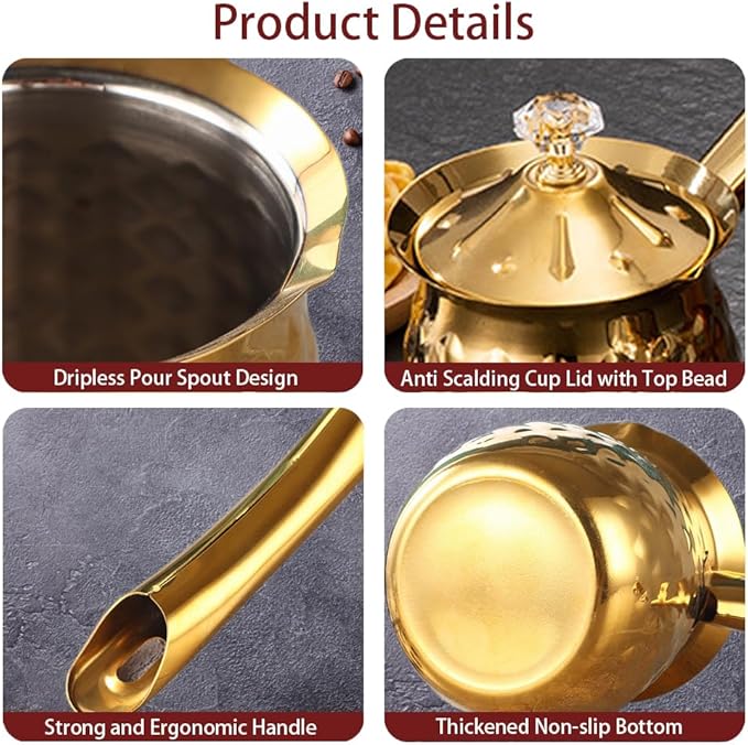 Stainless Steel Turkish Coffee Pot, Moka Pot, Espresso Maker for Stove Top, Camping Coffee Pot, Greek Arabic Coffee Warmer with Lid & Handle, Gold, 600 Ml / 20 Oz