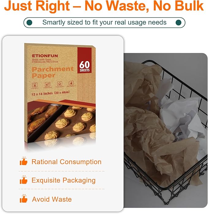 60Pcs Unbleached Parchment Paper Sheets for Baking. 12x16 Inches Parchment Paper, Precut Baking Paper Sheets, Parchment Sheets for Air Fryer, Grilling, Steaming.