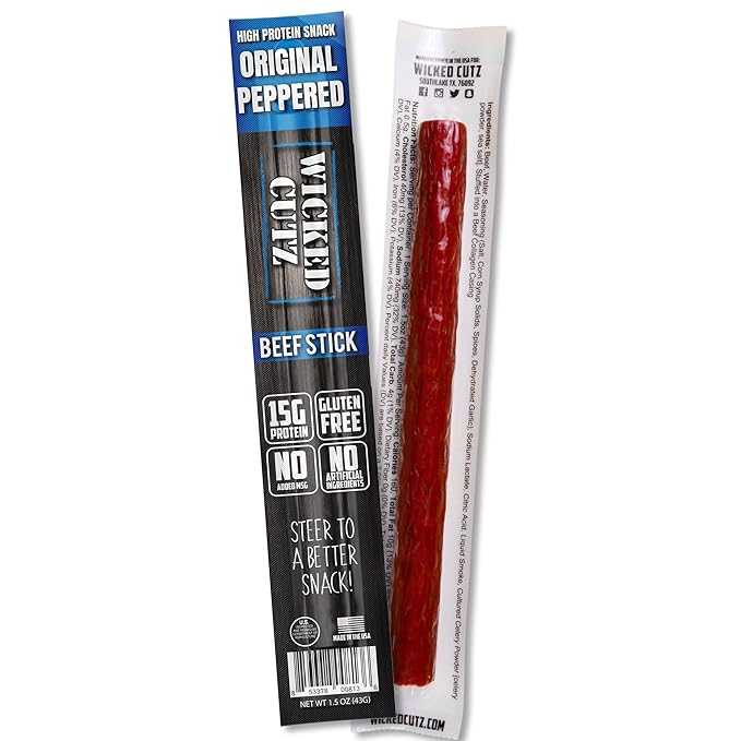 Wicked Cutz Original Peppered Beef Sticks, 15g Protein Per Beef Stick, Tender & Juicy Extra Large Meat Stick, USA Made High Protein Meat Sticks, Carnivore Snacks (12 Pack)
