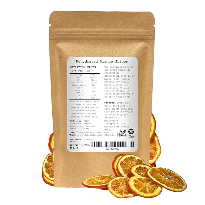 Dehydrated Dried Orange Slices Wheels | Approx 17+ Slices | 100% Natural | Sugar Free | Gluten Free | Dehydrated Orange Wheels for Cocktails, Garnishes, Deserts | Fruit Slice | 1.76 OZ | 50 Grams