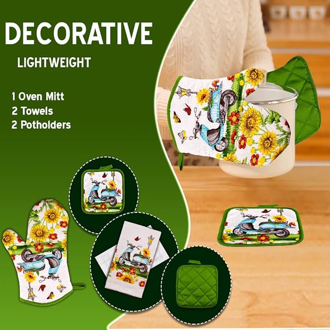 Lobyn Value Packs - Sunflowers & Butterflies & Blue Scooter: 5 Piece Kitchen Towel Set with 2 Decorative Dish Towels (25x15), 1 Oven Mitt and 2 Potholders (6 1/2 Sq)
