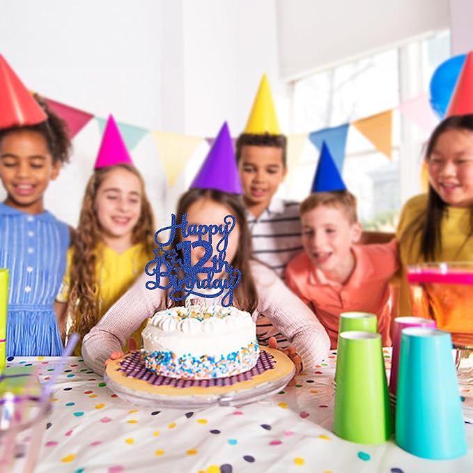 1 Pack Happy 12th Birthday Cake Topper Glitter Heart Star 12 Fabulous Cake Pick Birthday Sign Cake Decorations for Children 12th Birthday Theme Party Supplies Blue