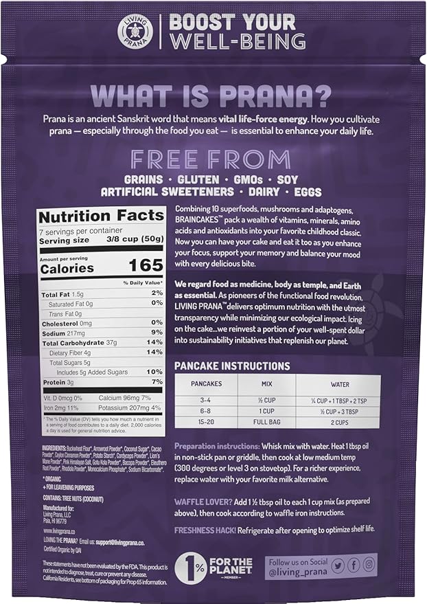 BrainCakes Superfood Organic Pancake & Waffle Mix Gluten Free | Memory, Focus & Stress Support | Just-Add-Water | By LIVING PRANA | 12oz