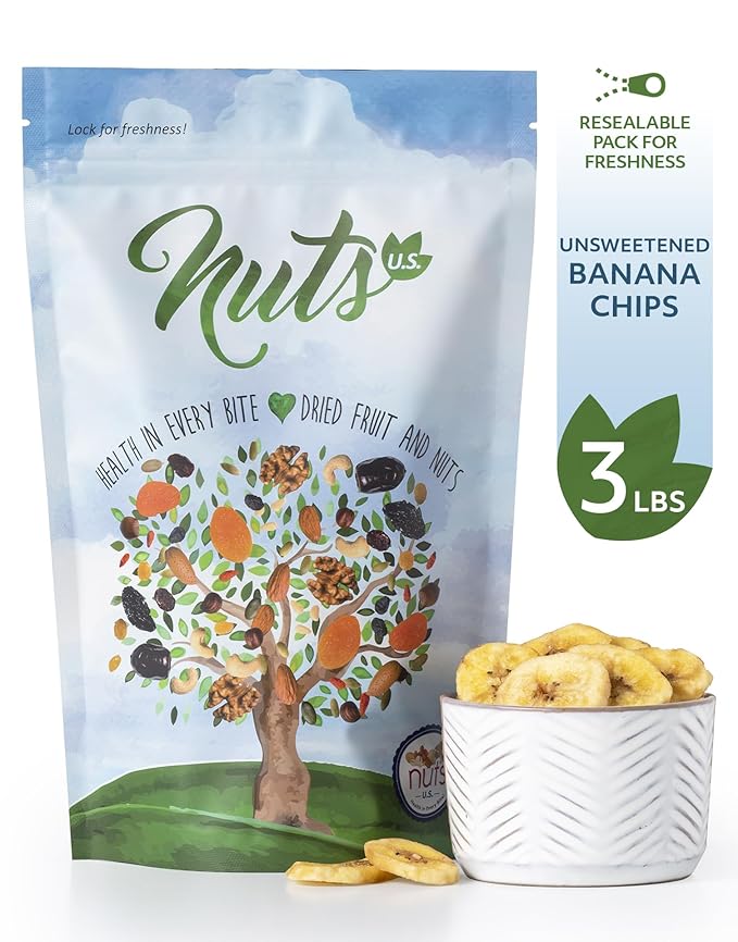 NUTS U.S. - Unsweetened Banana Chips | No Sulphure, Added & No Artificial Colors | NON-GMO | Natural | Packed in a Resealable Bag!!! (3 LBS)
