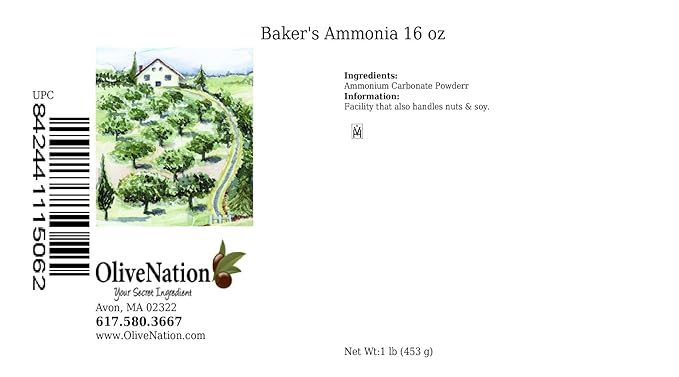 OliveNation Baking Ammonia Powder, Powdered Ammonium Carbonate, Traditional Leavening Agent for Crispy Cookies, Crackers, Non-GMO, Gluten Free, Kosher, Vegan - 16 ounces