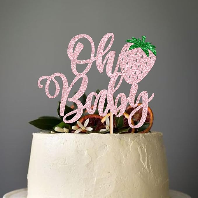 YCTHUNFISH 1 Pack Sweet Oh Baby Cake Topper Glitter Strawberry Cake Pick Fruit Berry Cake Decoration for Summer Baby Shower Kids Birthday Party Supplies Pink