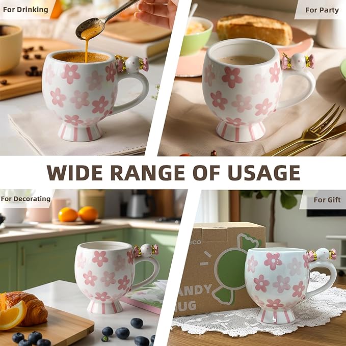 Ceramic Mug Cute Candy Shape, Unique Holiday Mug with Handle Hot Cocoa Cup Perfect for Tea & Coffee Lovers, Gifts for Family Friends or Children 12 OZ (Pink Flowers)