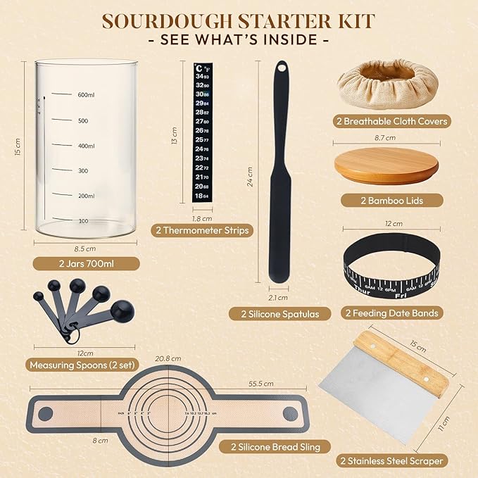 2 Pack Sourdough Starter Jar Kit ??24oz Sourdough Jars Set with Lids, 2 Bread Slings, Spatula Set, Scrappers Set, 5x Measuring Spoons & Starter Tools ??Essential Sourdough Bread Baking Supplies