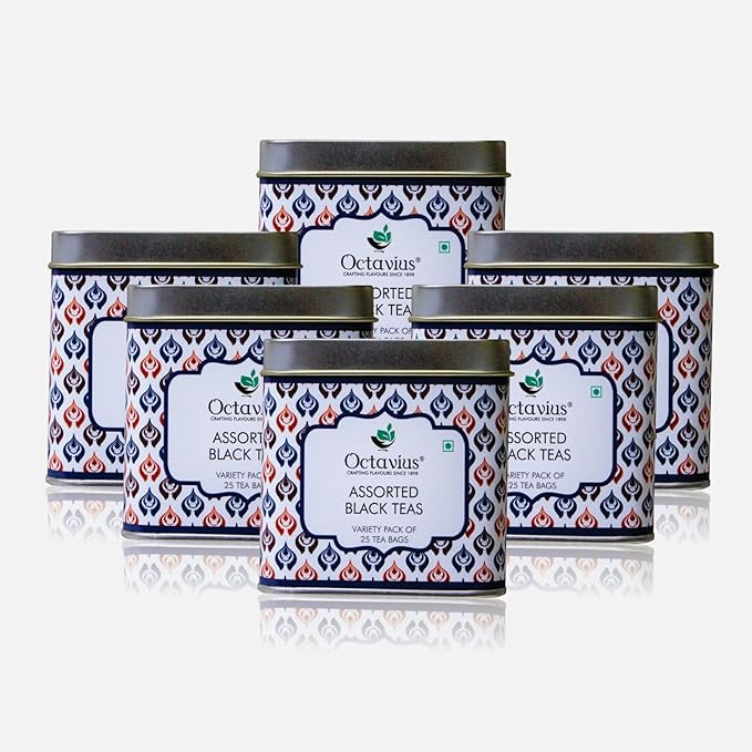 Octavius Tea Variety Pack | 3 Assorted Black Teas ??Indian Masala, Darjeeling & English Breakfast | Strong CTC Tea for Milk | 25 Tea Bags Each | Pack of 6 | Rich & Malty Flavor