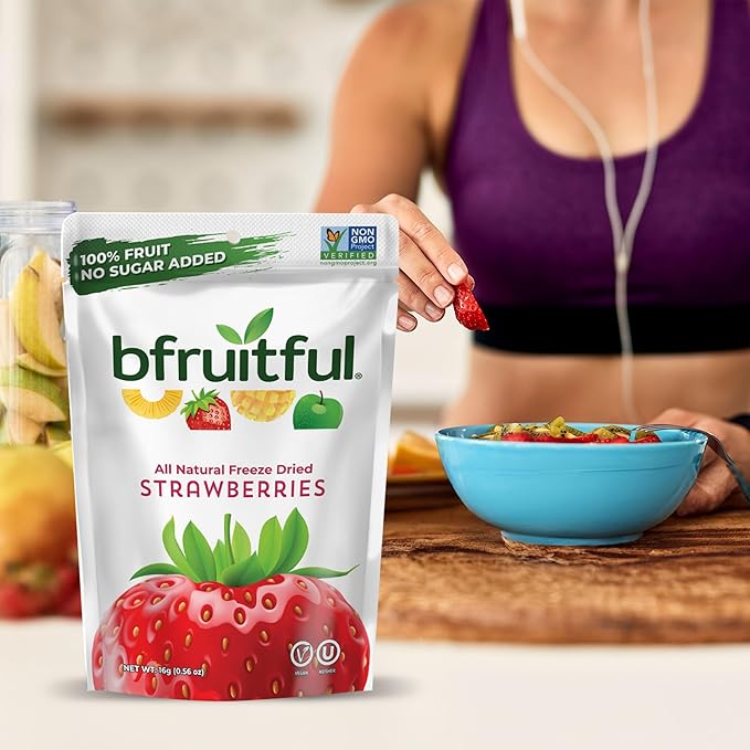 bfruitful Freeze-Dried Strawberries, Freeze Dried Fresh Fruit Bites, Gluten Free, Vegan, Dairy Free, Kosher, No Sugar Added, Non GMO, Healthy Snacks for Kids or Adults, 0.56 oz Single-Serve Snack Packets, 12 Pack