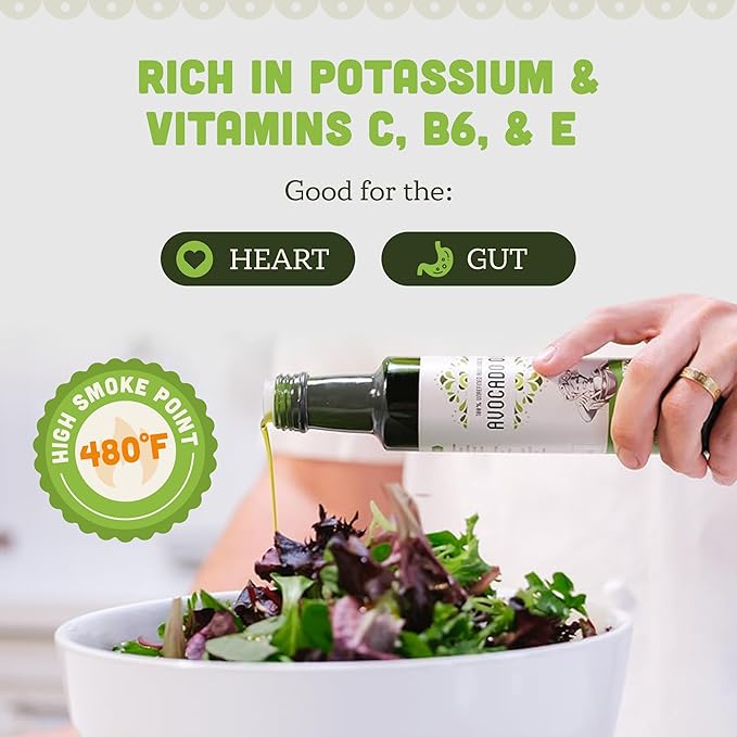 AVA JANE'S KITCHEN - Extra Virgin Avocado Oil - 100% Cold Pressed, Natural, & Unrefined - 480째F High Smoke Point, Rich in Potassium & Vitamins - Creamy & Buttery Taste - 2 Bottle Pack, 8.4 fl oz each