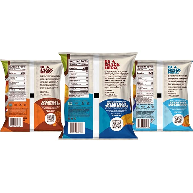 Jackson???Sweet Potato Kettle Chips Avocado Oil Variety Pack made with Premium Oils (1.5 oz, Pack of 18) Sea Salt, Ranch, and BBQ Flavors - Allergen-friendly, Gluten Free, Vegan