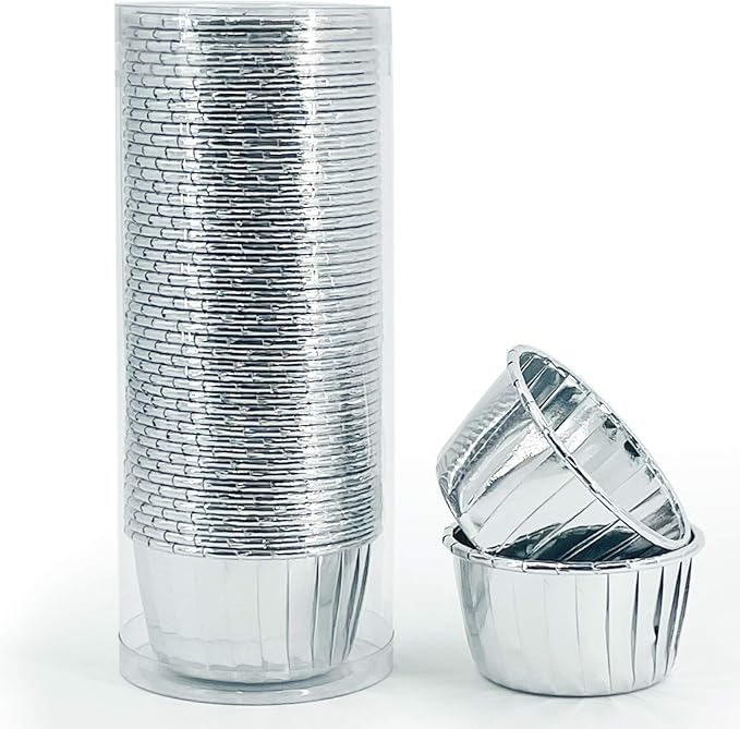 Party Hippo Cupcake Cups, 3.5 Oz 50 pcs Disposable Foil Muffin Liners, Gold Cupcake Baking Cups, Ramekin Aluminum Cupcake Tip Pan Ramekin Holders, Little Baking Cups (Sliver)