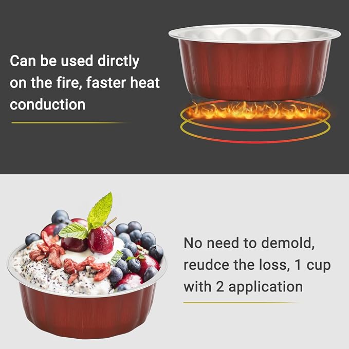 Beasea Disposable Ramekins for Baking, 8oz 50 Pack Aluminum Foil Cups with Lids, Creme Brulee Muffin Cupcake Baking Cup Mini Pudding Cups for Party Wedding Birthday - Wine Red