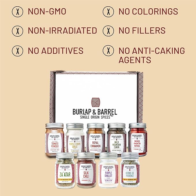 Burlap & Barrel 9-Pack Spice Gift Set ??9 Full-Size Jars of Favorite Spices for the Curious Cook ??Includes Cinnamon, Garlic, Lime & More Seasonings - As Seen On Shark Tank