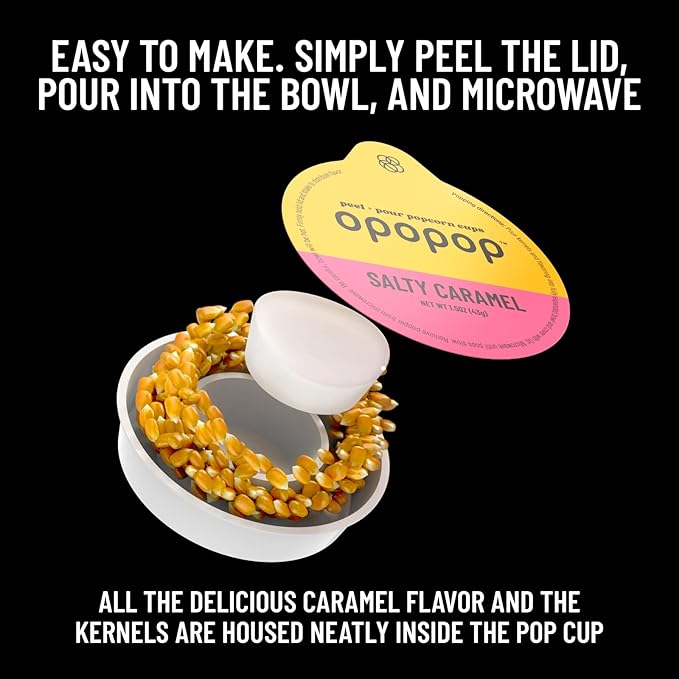 Opopop Microwave Popcorn - Pop Cups Salty Caramel 6-Pack, Non-GMO Gourmet Popcorn Kernels & Popcorn Flavoring, Caramel Popcorn, Gluten Free Snacks, Easy to Make and No Mess