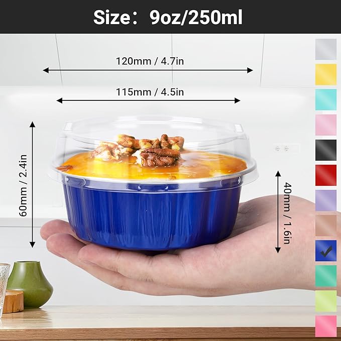 EUSOAR Aluminum Pans with Lids, 50pcs 9oz Dark Blue Disposable Ramekins with Lids, Cake Transport Container Bakery Cheesecakes Muffins Pie Round Holders for Wedding Birthday Theme Party