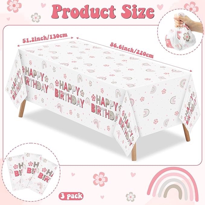 3Pcs Boho Rainbow Party Tablecloths Pink Boho Birthday Table Covers Retro Hippie Themed Party Decorations Plastic Disposable Rectangular Table Cloth Decor for Kids Birthday Baby Shower Supplies