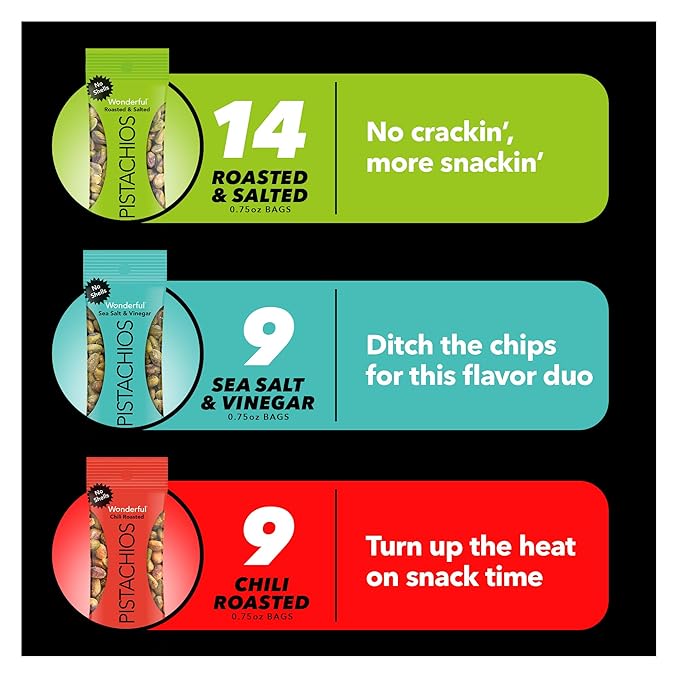 Wonderful Pistachios No Shells, 3 Flavors Mixed Variety Pack of 32 (0.75 Ounce), Roasted & Salted Nuts (14), Chili Roasted (9), Sea Salt & Vinegar (9), Protein Snacks, Gluten Free, Bulk Snacks, Boo Basket Stuffers