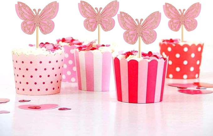 24PCS Butterfly Cupcake Toppers 3D Double Layers Hollow Cupcake Picks Baby Shower Cake Decorations Supplies for Butterfly Theme Wedding Anniversary Baby Shower Party Pink