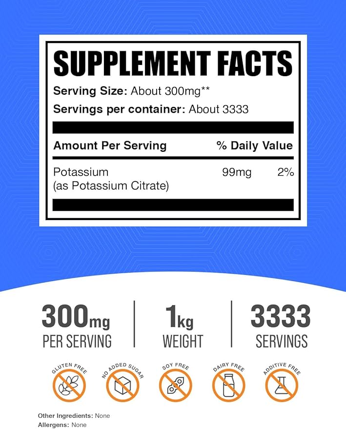 BulkSupplements.com Potassium Citrate Powder - for Hydration Support, Mineral Supplement, Potassium 99mg - Gluten Free, 300mg per Serving, 1kg (2.2 lbs) (Pack of 1)
