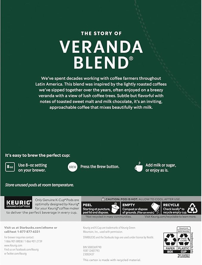 Starbucks Coffee Company Veranda Blend Blond Roast K-Cup Pods - 22 count - 1 box, 22 Count (Pack of 1)