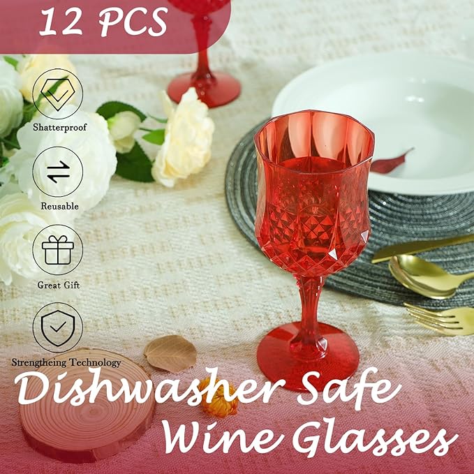 Plastic Wine Glasses,Plastic Goblets Vintage Style Cordial Drinking Glasses for Wedding Reception, Christmas Grand Event Party Supplies (12, Red)